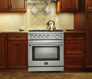 Forno 4-Piece Appliance Package - 30-Inch Gas Range, Refrigerator, Wall Mount Hood with Backsplash, & 3-Rack Dishwasher in Stainless Steel