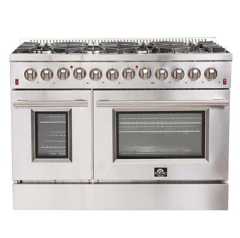 Forno 4-Piece Appliance Package - 48-Inch Dual Fuel Range, Refrigerator, Wall Mount Hood with Backsplash, & 3-Rack Dishwasher in Stainless Steel