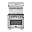 Forno 4-Piece Pro Appliance Package - 36-Inch Dual Fuel Range, French Door Refrigerator, Wall Mount Hood with Backsplash, and Dishwasher in Stainless Steel