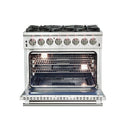 Forno 4-Piece Pro Appliance Package - 36-Inch Dual Fuel Range, Pro-Style Refrigerator, Wall Mount Hood with Backsplash, and Dishwasher in Stainless Steel