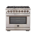 Forno 4-Piece Pro Appliance Package - 36-Inch Dual Fuel Range, French Door Refrigerator, Wall Mount Hood with Backsplash, and Dishwasher in Stainless Steel