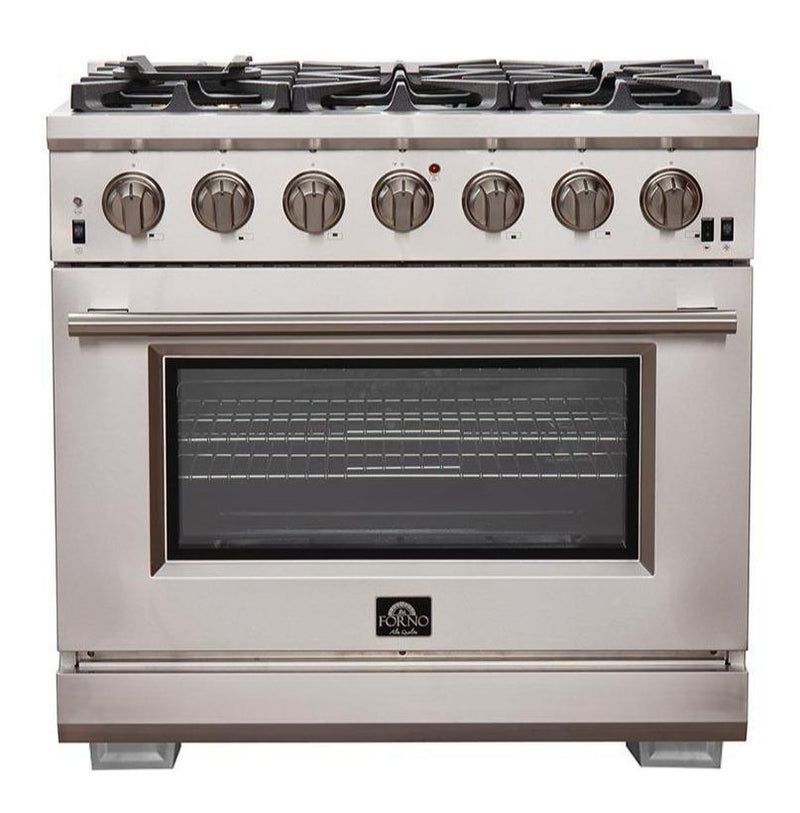 Forno 4-Piece Pro Appliance Package - 36-Inch Gas Range, Refrigerator with Water Dispenser, Microwave Drawer, & 3-Rack Dishwasher in Stainless Steel