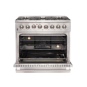 Forno 5-Piece Appliance Package - 36-Inch Dual Fuel Range, Refrigerator with Water Dispenser, Wall Mount Hood, Microwave Drawer, & 3-Rack Dishwasher in Stainless Steel