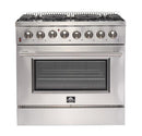 Forno 5-Piece Appliance Package - 36-Inch Dual Fuel Range, Refrigerator with Water Dispenser, Wall Mount Hood, Microwave Drawer, & 3-Rack Dishwasher in Stainless Steel