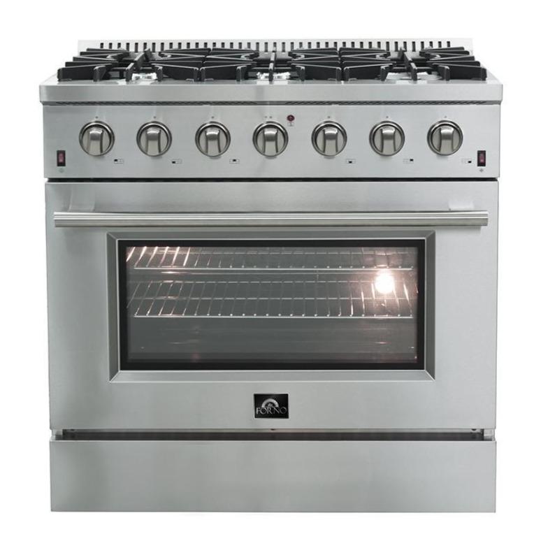 Forno 5-Piece Appliance Package - 36-Inch Gas Range, Refrigerator with Water Dispenser, Wall Mount Hood with Backsplash, Microwave Drawer, & 3-Rack Dishwasher in Stainless Steel