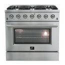 Forno 5-Piece Appliance Package - 36-Inch Gas Range, 56-Inch Pro-Style Refrigerator, Wall Mount Hood, Microwave Drawer, & 3-Rack Dishwasher in Stainless Steel