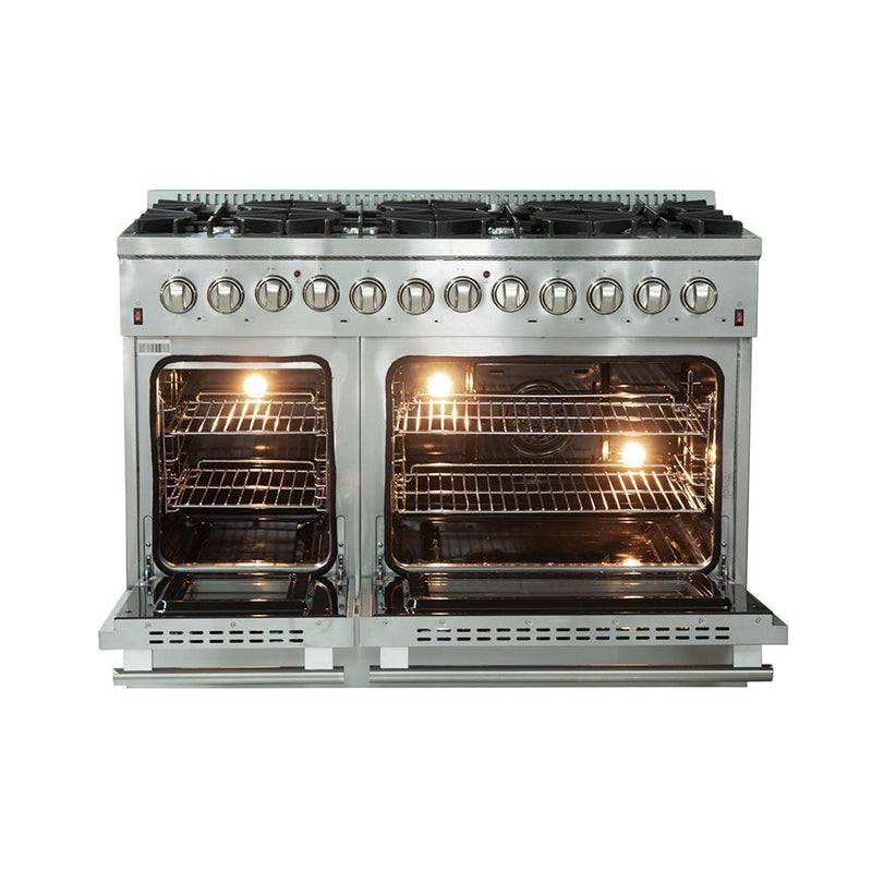 Forno 2-Piece Appliance Package - 48-Inch Dual Fuel Range & Wall Mount Hood with Backsplash in Stainless Steel