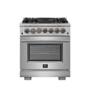 Forno 5-Piece Pro Appliance Package - 30-Inch Dual Fuel Range, Refrigerator with Water Dispenser, Wall Mount Hood, Microwave Drawer, & 3-Rack Dishwasher in Stainless Steel