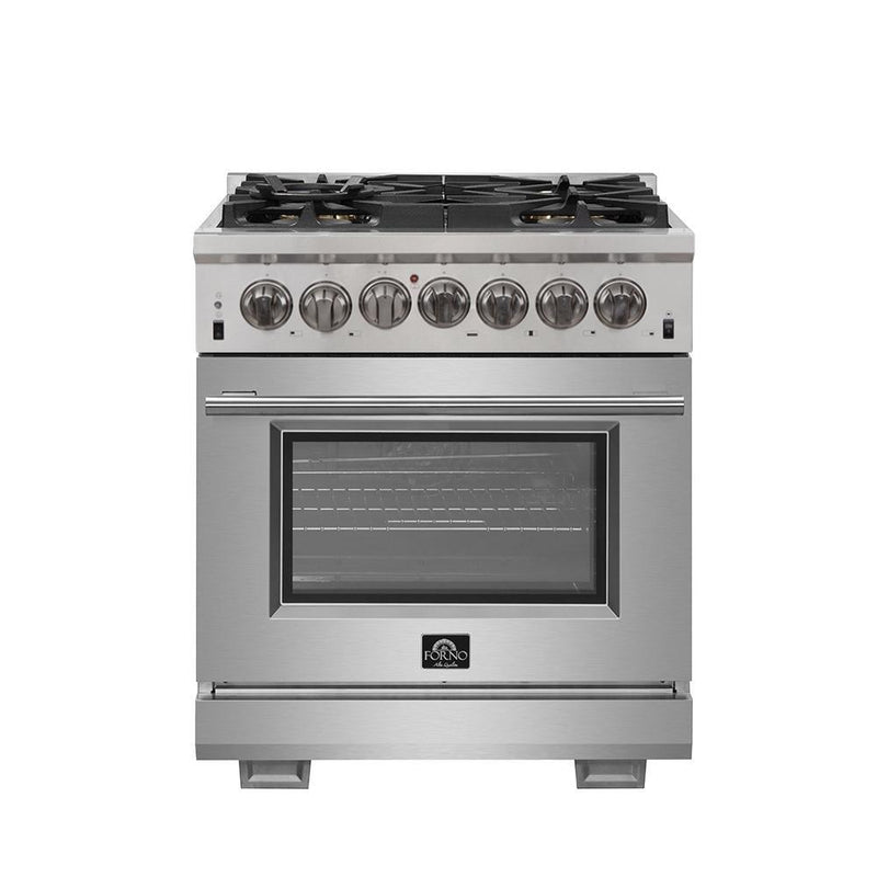 Forno 2-Piece Pro Appliance Package - 30-Inch Dual Fuel Range & Wall Mount Hood with Backsplash in Stainless Steel