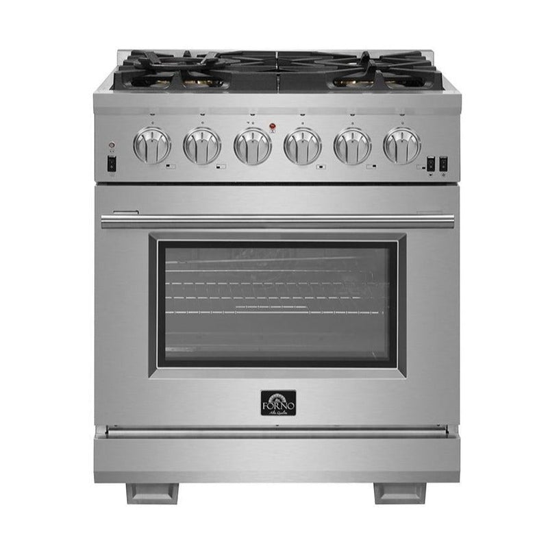 Forno 5-Piece Pro Appliance Package - 30-Inch Gas Range, Refrigerator, Wall Mount Hood with Backsplash, Microwave Drawer, & 3-Rack Dishwasher in Stainless Steel