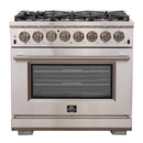Forno 3-Piece Pro Appliance Package - 36-Inch Dual Fuel Range, Refrigerator with Water Dispenser, & Wall Mount Hood in Stainless Steel