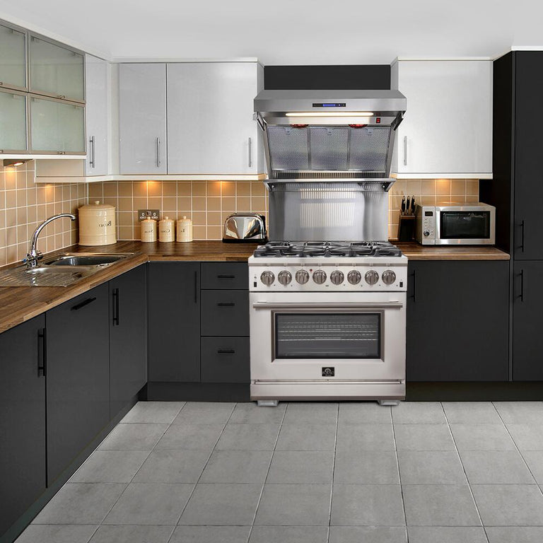 Forno Appliance Package - 36 Inch Dual Fuel Range, Wall Mount Range Hood, Dishwasher, FDWB-FFSGS6156-36 - MyBBQDirect