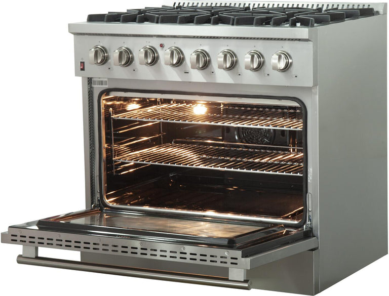 Forno Appliance Package - 36 Inch Dual Fuel Range, Wall Mount Range Hood, Wine Cooler, FWCDR-FFSGS6156-36 - MyBBQDirect
