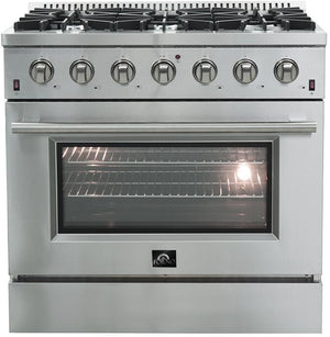 Forno Appliance Package - 36 Inch Gas Range, Wall Mount Range Hood, 33" Built-In Refrigerator, FFRBI-FFSGS6244-36 - MyBBQDirect
