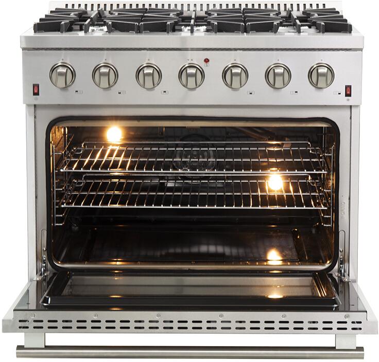 Forno Appliance Package - 36 Inch Gas Range, Wall Mount Range Hood, 33" Built-In Refrigerator, FFRBI-FFSGS6244-36 - MyBBQDirect