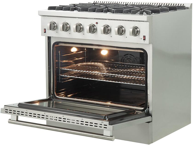 Forno Appliance Package - 36 Inch Gas Range, Wall Mount Range Hood, Microwave Drawer, 6661-FFSGS6244-36 - MyBBQDirect