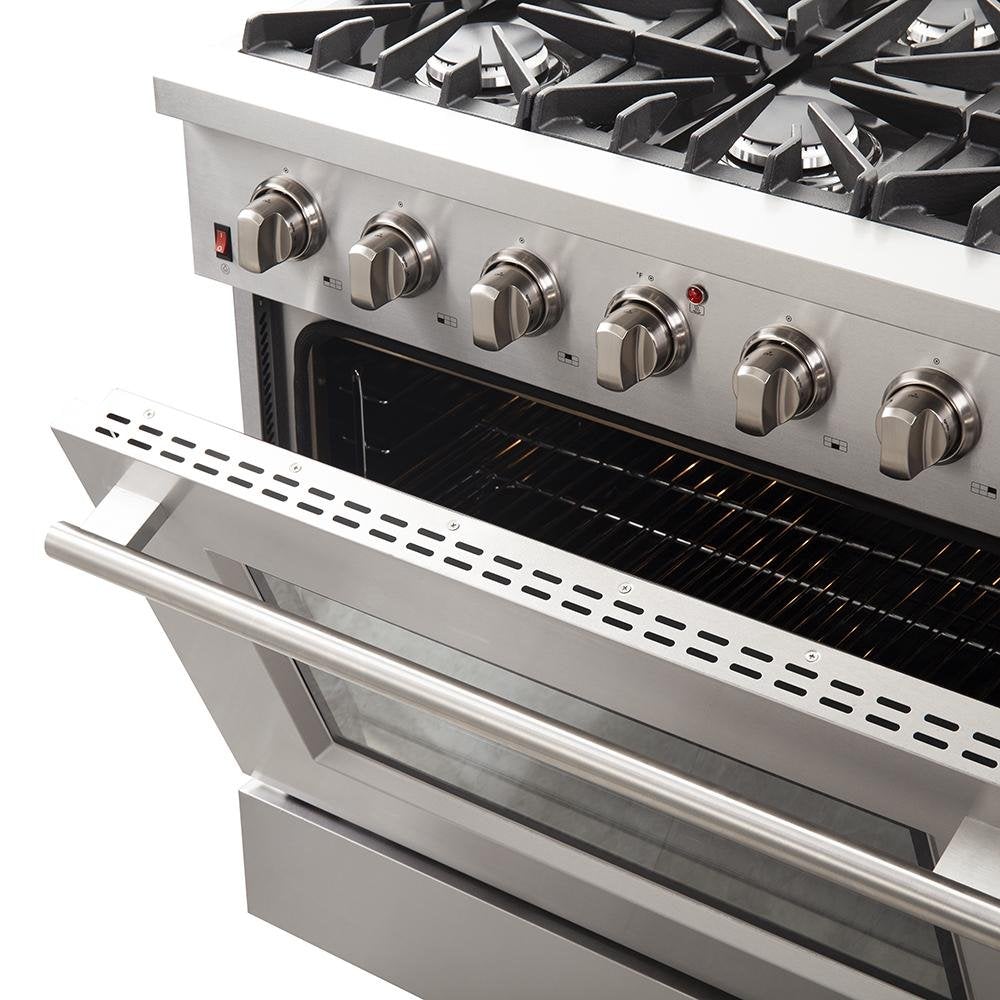 Forno Appliance Package - 36 Inch Gas Range, Wall Mount Range Hood, Microwave Drawer, Dishwasher, FWCDR-FRHWM5029-36 - MyBBQDirect