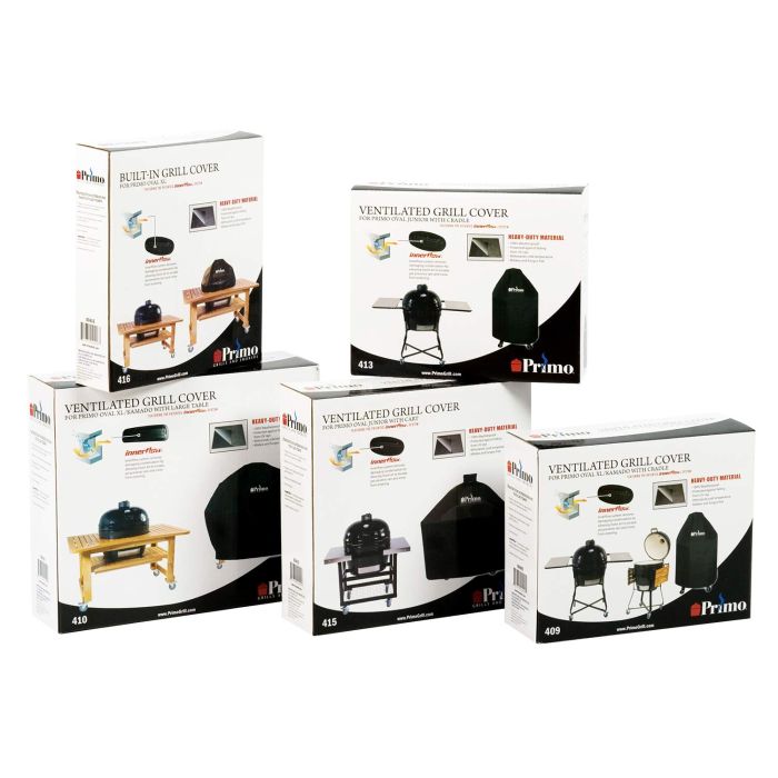 Primo Vinyl Cover for Oval XL 400 & Round Kamado on Curved Cypress Table - PG00410