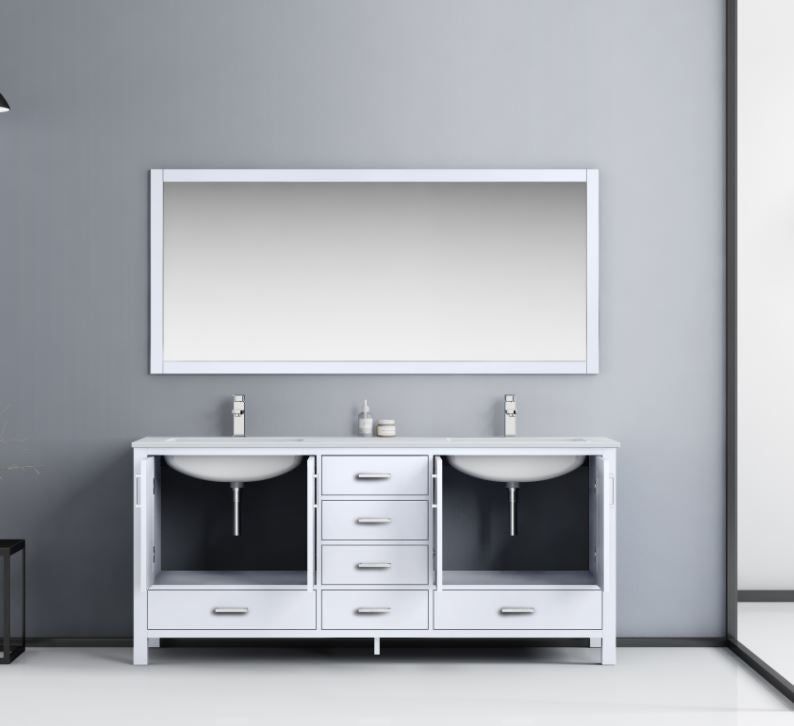 Jacques 72" White Double Vanity, White Carrara Marble Top, White Square Sinks and 70" Mirror LJ342272DADSM70 - MyBBQDirect