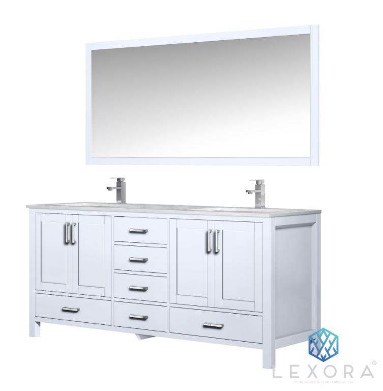 Jacques 72" White Double Vanity, White Carrara Marble Top, White Square Sinks and 70" Mirror LJ342272DADSM70 - MyBBQDirect