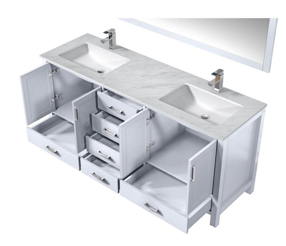 Jacques 72" White Double Vanity, White Carrara Marble Top, White Square Sinks and 70" Mirror LJ342272DADSM70 - MyBBQDirect