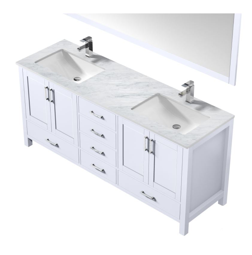 Jacques 72" White Double Vanity, White Carrara Marble Top, White Square Sinks and 70" Mirror LJ342272DADSM70 - MyBBQDirect
