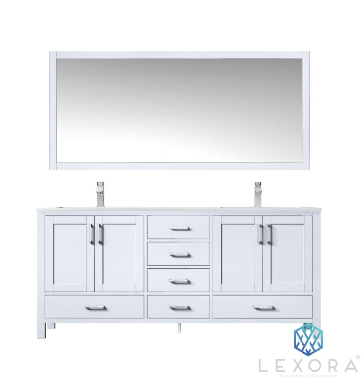 Jacques 72" White Double Vanity, White Carrara Marble Top, White Square Sinks and 70" Mirror LJ342272DADSM70