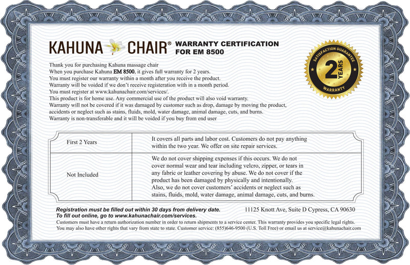 Kahuna King's Elite Massage Chair Warranty