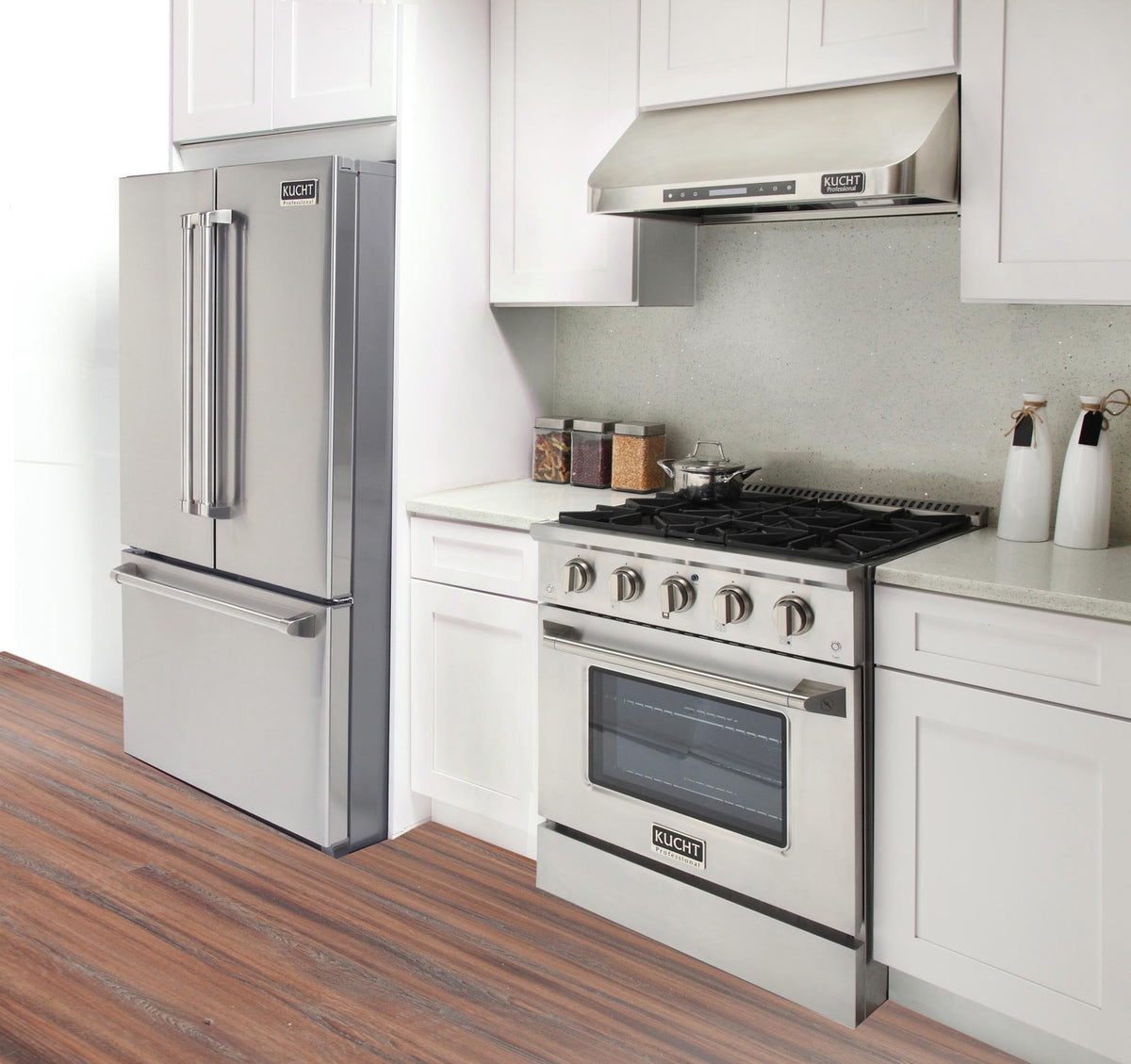 Kucht 5-Piece Appliance Package - 30-Inch Gas Range, Refrigerator, Wall Mount Hood, Dishwasher, & Microwave Drawer in Stainless Steel - MyBBQDirect