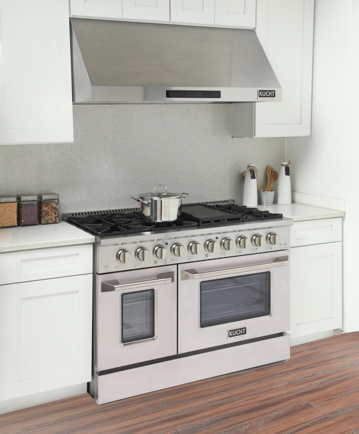 Kucht 5-Piece Appliance Package - 48-Inch Gas Range, Refrigerator, Under Cabinet Hood, Dishwasher, & Microwave Drawer in Stainless Steel - MyBBQDirect