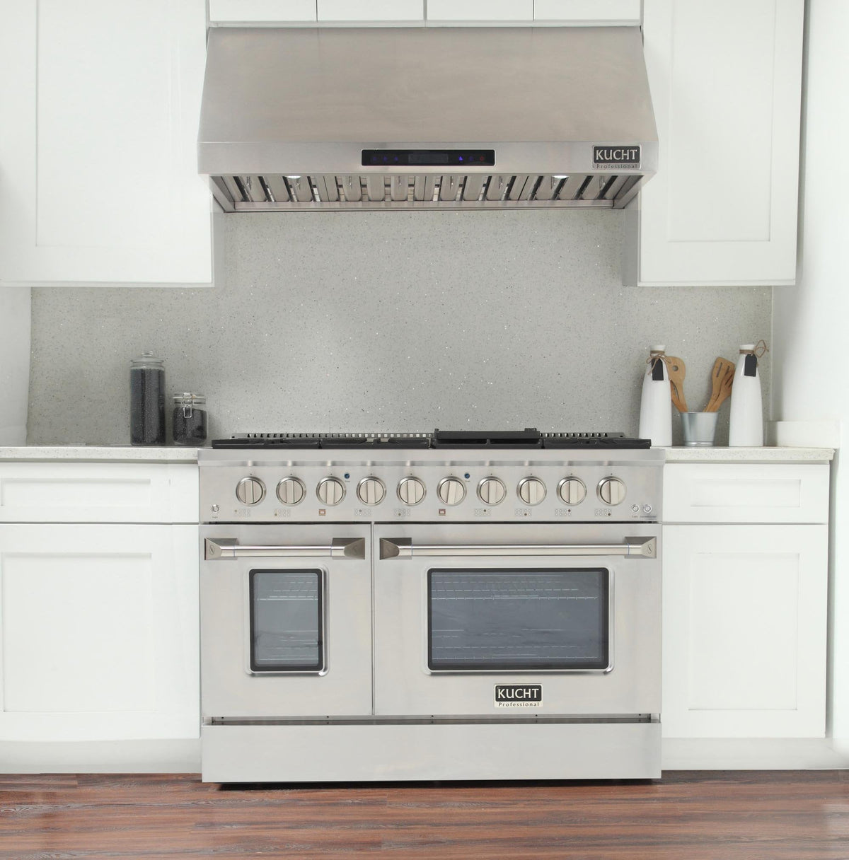 Kucht 5-Piece Appliance Package - 48-Inch Gas Range, Refrigerator, Under Cabinet Hood, Dishwasher, & Microwave Drawer in Stainless Steel - MyBBQDirect