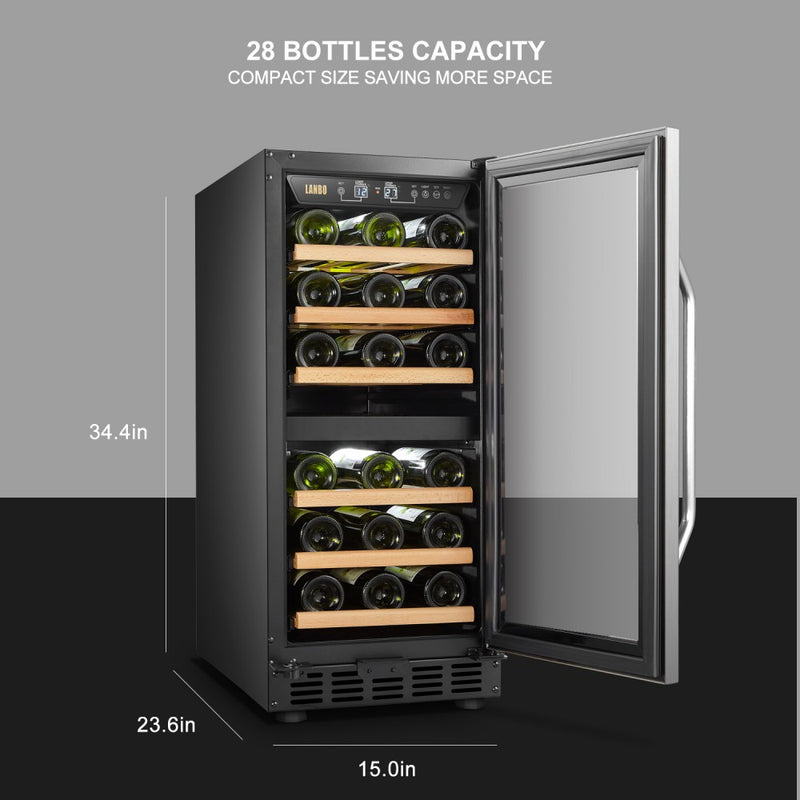 Lanbo 15 Inch Dual Zone (Built In or Freestanding) Compressor Wine Cooler, 28 Bottle Capacity LW28D