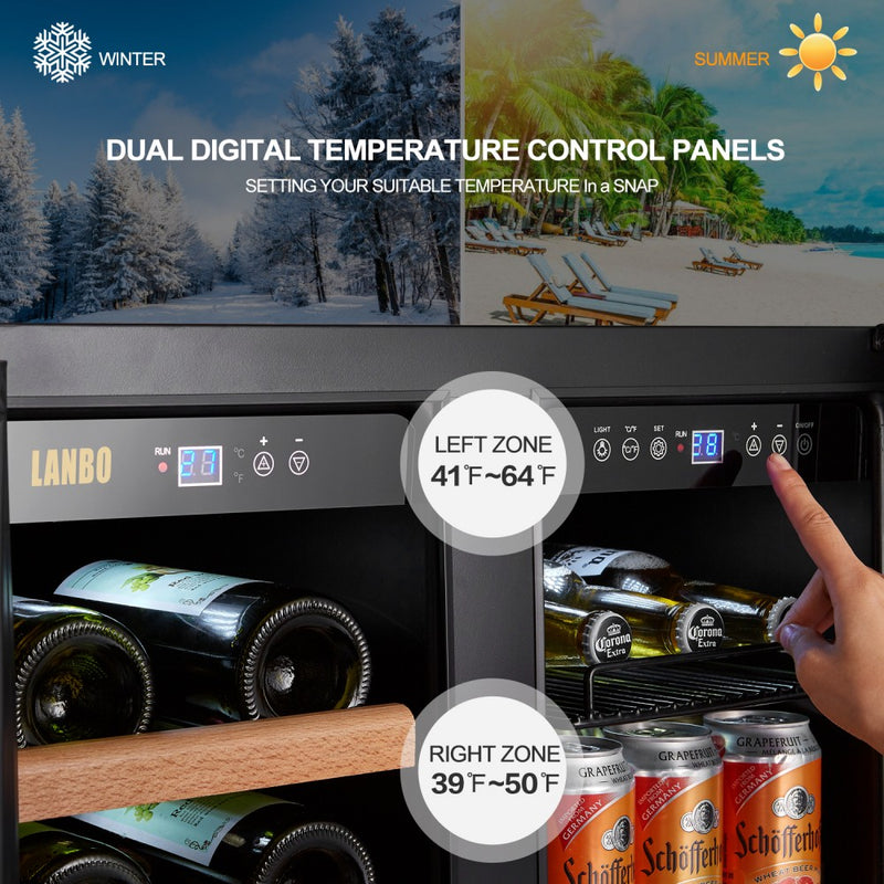 Lanbo Dual Zone (Built In or Freestanding) Compressor Wine Cooler, 33 Bottle 70 Can Capacity LW3370B