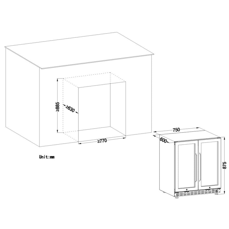 Lanbo Dual Zone (Built In or Freestanding) Compressor Wine Cooler, 33 Bottle 70 Can Capacity LW3370B