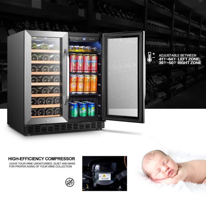 Lanbo Dual Zone (Built In or Freestanding) Compressor Wine Cooler, 33 Bottle 70 Can Capacity LW3370B