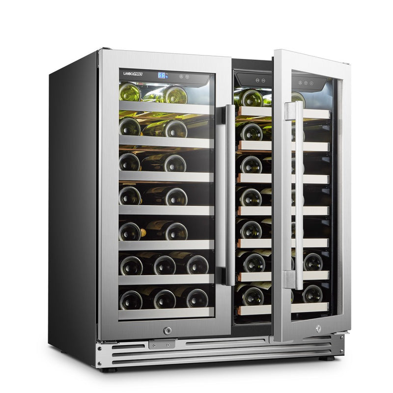 LanboPro  Stainless Steel Dual Zone Wine Cooler - Seamless Stainless Steel French Doors 62 Bottle Capacity LP66D