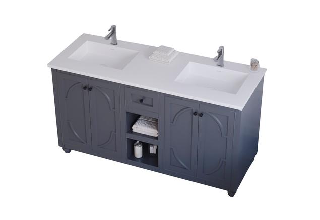 Laviva Odyssey 60" Maple Grey Double Sink Bathroom Vanity with Matte White VIVA Stone Solid Surface Countertop 313613-60G-MW