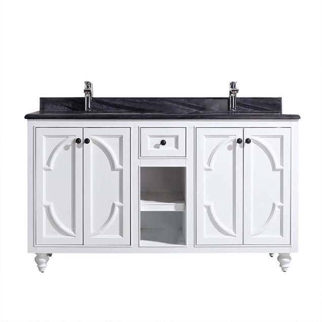 Laviva Odyssey 60" White Double Sink Bathroom Vanity with Black Wood Marble Countertop 313613-60W-BW