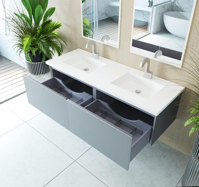 Laviva Vitri 60" Fossil Grey Double Sink Bathroom Vanity with VIVA Stone Matte White Solid Surface Countertop 313VTR-60DFG-MW - MyBBQDirect