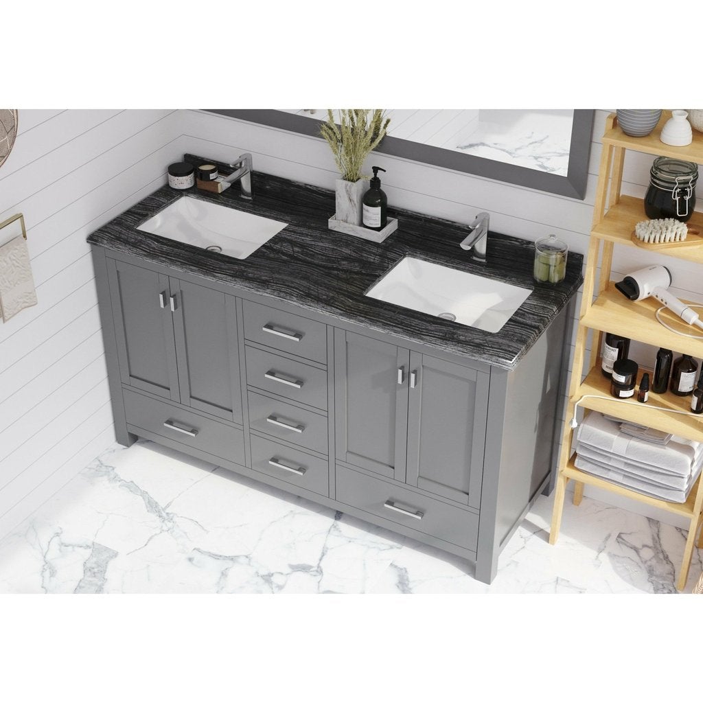 Laviva Wilson 60" Grey Double Sink Bathroom Vanity with Black Wood Marble Countertop - MyBBQDirect