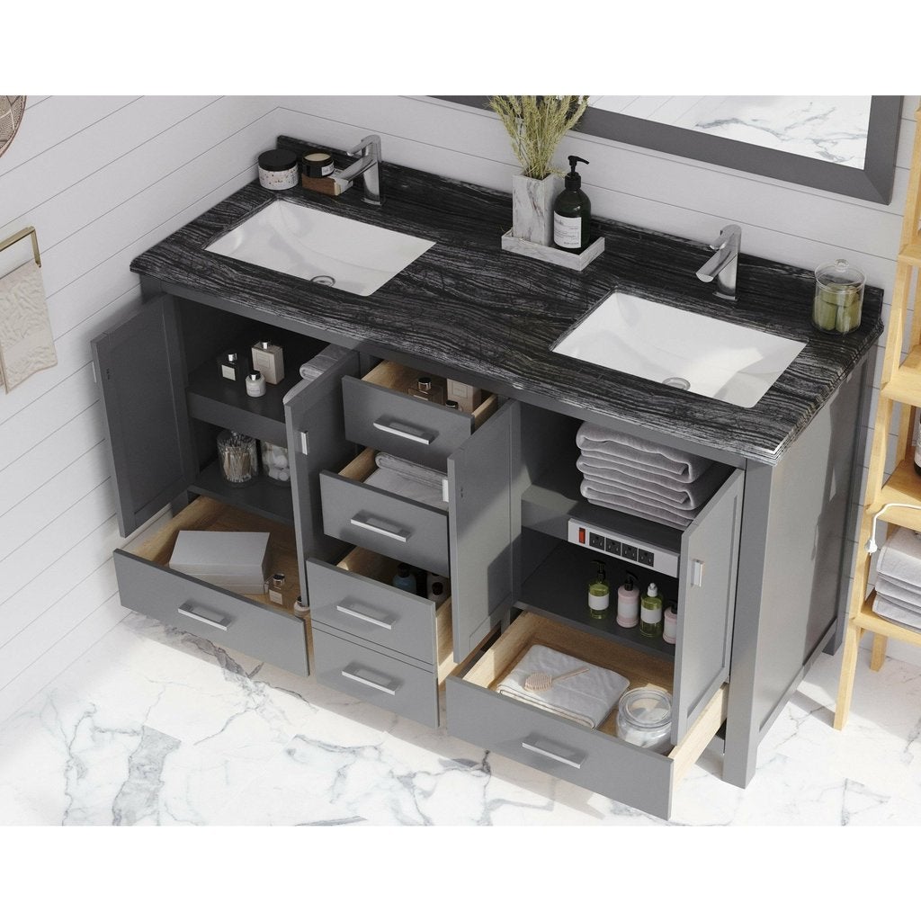 Laviva Wilson 60" Grey Double Sink Bathroom Vanity with Black Wood Marble Countertop - MyBBQDirect
