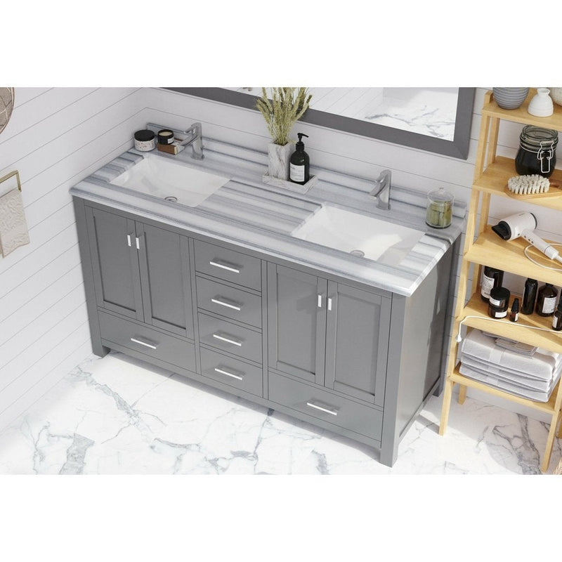 Laviva Wilson 60" Grey Double Sink Bathroom Vanity with White Stripes Marble Countertop