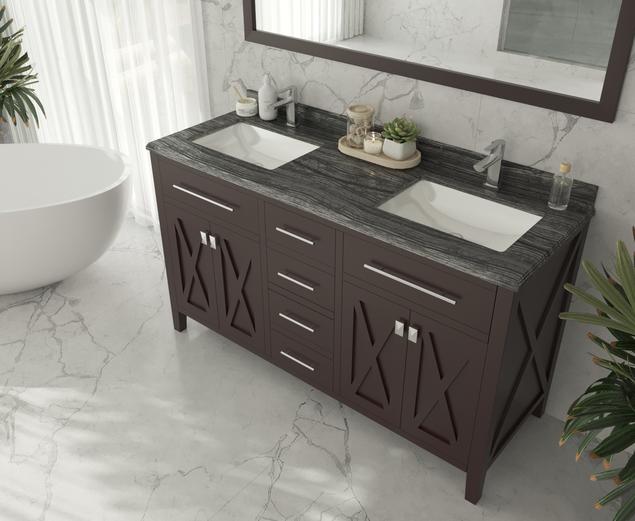 Laviva Wimbledon 60" Brown Double Sink Bathroom Vanity with Black Wood Marble Countertop