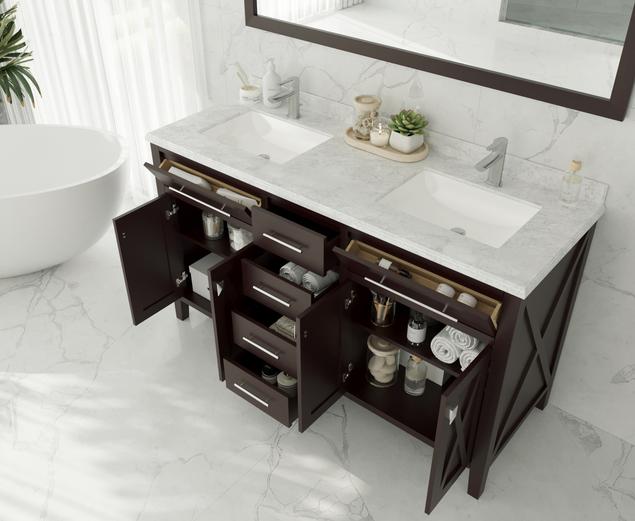 Laviva Wimbledon 60" Brown Double Sink Bathroom Vanity with Black Wood Marble Countertop