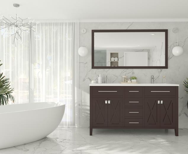 Laviva Wimbledon 60" Brown Double Sink Bathroom Vanity with Matte White VIVA Stone Solid Surface Countertop