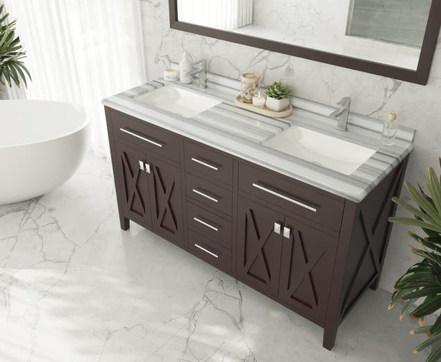 Laviva Wimbledon 60" Brown Double Sink Bathroom Vanity with White Stripes Marble Countertop