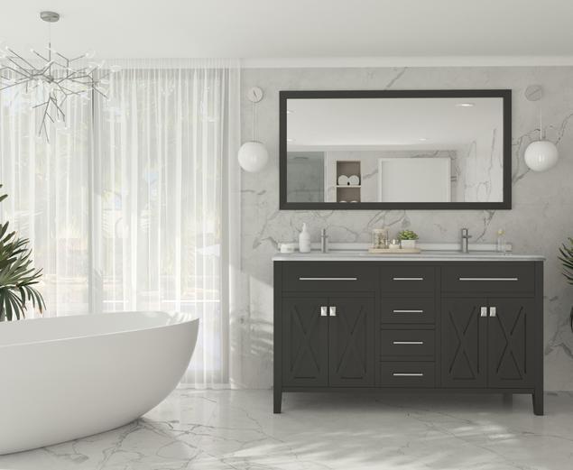 Laviva Wimbledon 60" Espresso Double Sink Bathroom Vanity with White Stripes Marble Countertop