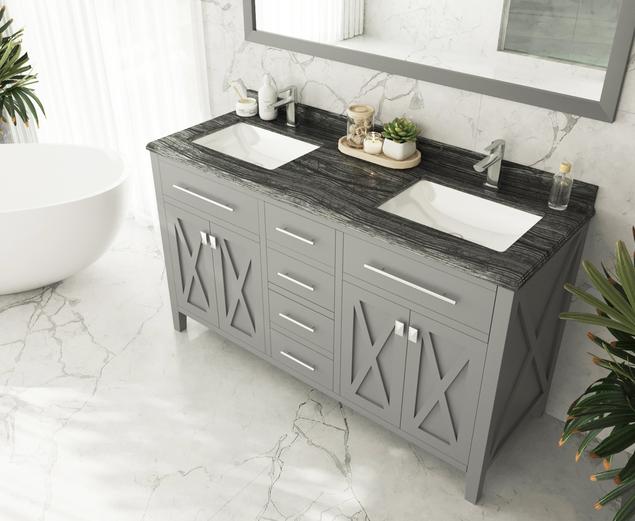 Laviva Wimbledon 60" Grey Double Sink Bathroom Vanity with Black Wood Marble Countertop