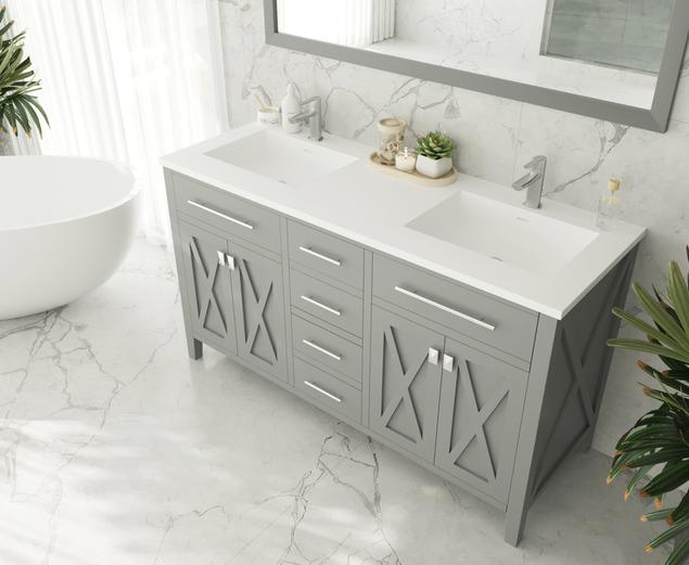 Laviva Wimbledon 60" Grey Double Sink Bathroom Vanity with Matte White VIVA Stone Solid Surface Countertop