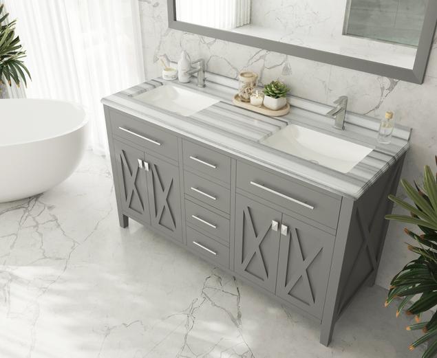 Laviva Wimbledon 60" Grey Double Sink Bathroom Vanity with White Stripes Marble Countertop